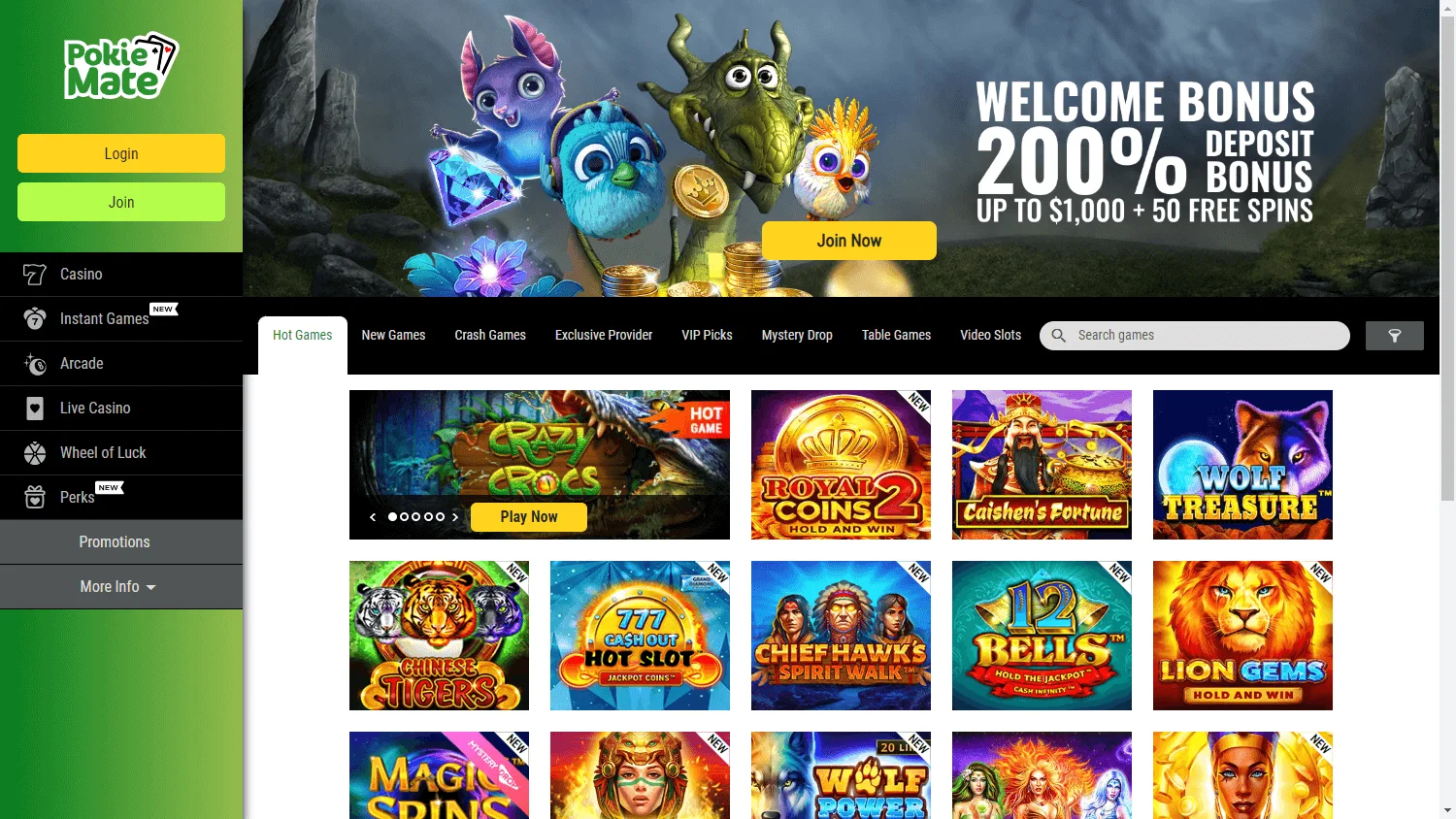 Pokie Mate Casino desktop home page