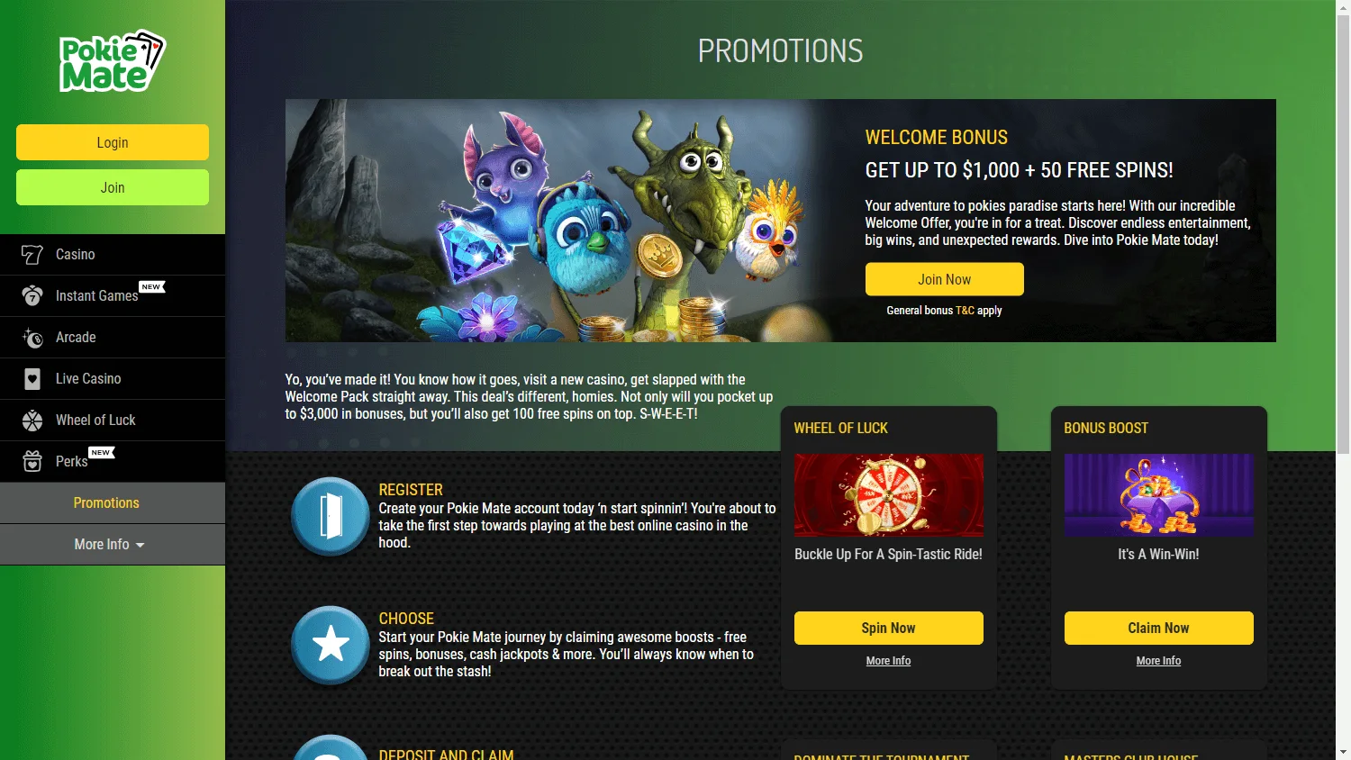 Pokie Mate Casino desktop promotions page