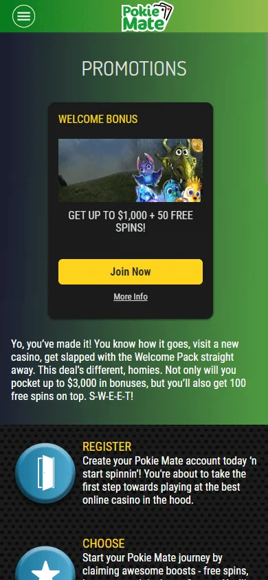 Pokie Mate Casino mobile promotions page